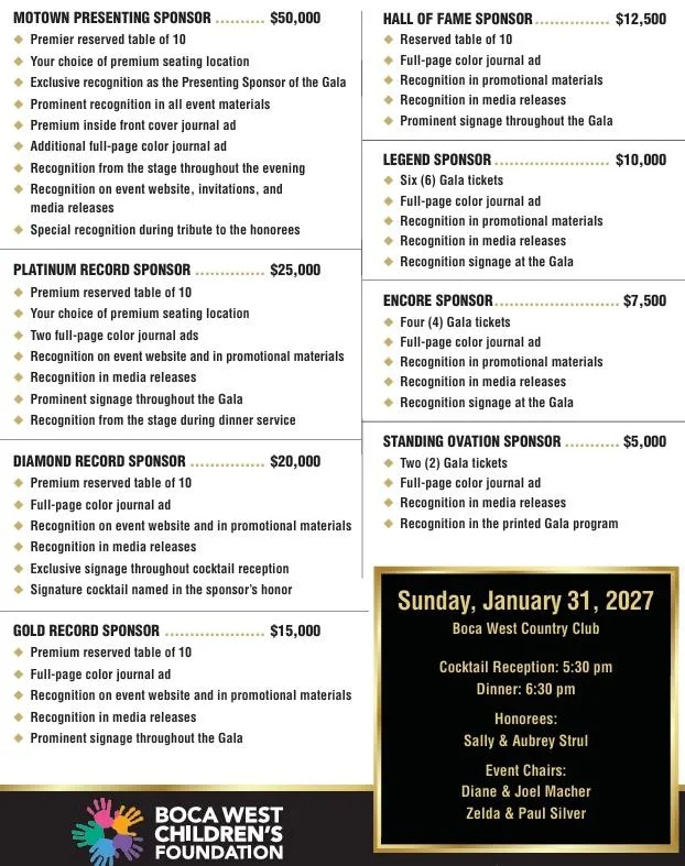 Magical Motown Gala 2027 sponsorship opportunities. Sunday, January 31, 2027 at Boca West Country Club. Cocktail reception 5:30 pm, dinner 6:30 pm. Honorees: Sally and Aubrey Strul. Event chairs: Diane and Joel Macher, Zelda and Paul Silver.